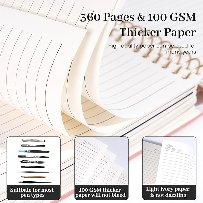 FLYING EAGLE Leather Spiral Notebooks for Work 5 Subject Notebook College Ruled with Dividers Pen, 360 Pages B5 Hardcover Lined Journals for Women Men Writing,Black