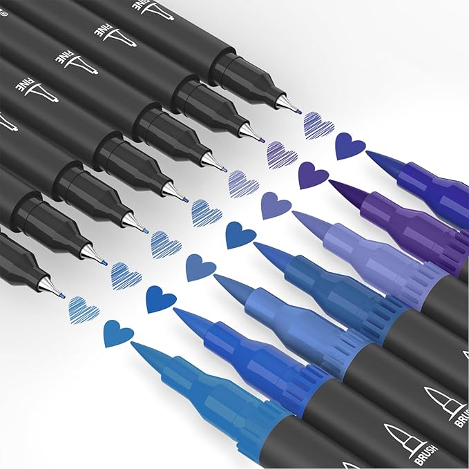 Blue Markers, 12 Pack Dual Brush Pens Drawing Markers for Art Sketching