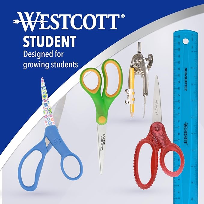 Westcott 12-Pack 6” Kids Scissors Scissors for Students Ages 8+, for School and Craft Projects, Back to School Supplies for Big Kids, Soft-Touch Handles in Assorted Colors.