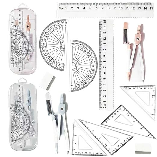 2Packs Maths Set, 7Pcs Protractor and Compass Set Geometry Sets for Secondary School Stationery Supplies - Math Ruler Compasses Geometry Sets Case for Student Secondary Stationary Supplies