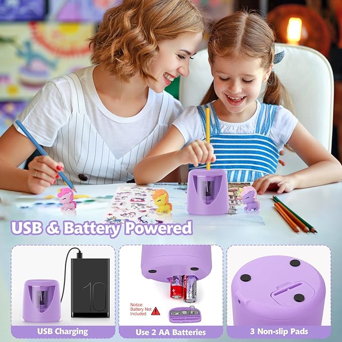 Electric Pencil Sharpeners for Kids, Cute Small Colored Pencil Sharpener for Home Classroom, Pencil Sharpener Electric Plug in, with Unicorn School Supplies,Purple