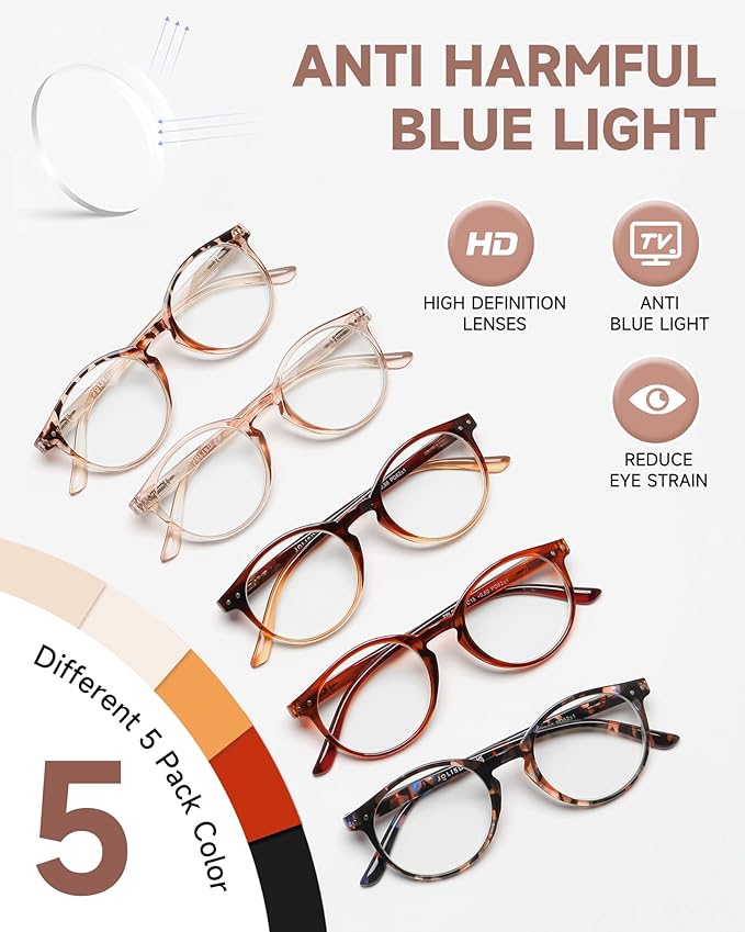 JOLISU 5 Pack Reading Glasses For Women/Men-Blue Light Blocking Computer Reader w/Round Frame - Retro Clear Lens Fake Eyeglasses（3.25）