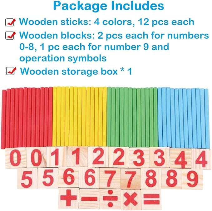 KUTOI Counting Number Blocks and Sticks | Montessori Toys for Kids Learning| Homeschool Supplies for Math manipulatives | Toddlers Educational Wooden rods with Storage Tray