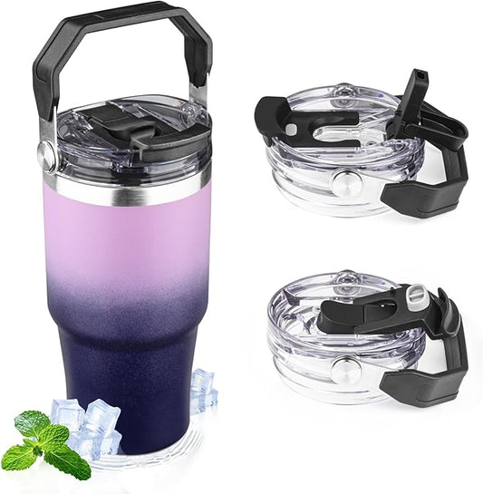 20oz Tumbler with Handle and Flip Straw Lid Double Wall Insulated Travel Coffee Mug Stainless Steel Vacuum Coffee Tumbler Cup for Hot and Cold Drinks Leak-proof&BPA-free（20oz,Light purple Navy blue）