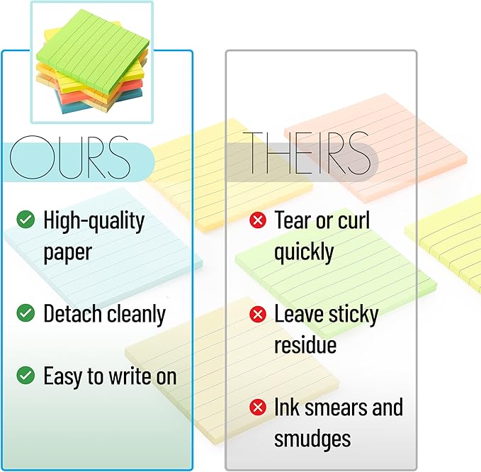 Mr. Pen- Lined Sticky Notes, 3" x 3", 6 Pads, 45 Sheets/Pad, Pastel Color, Sticky Notes with Lines, Ruled Post Stickies, Memo Pads, Self-Stick Note Pad for Office, School, Home, Study & Organization