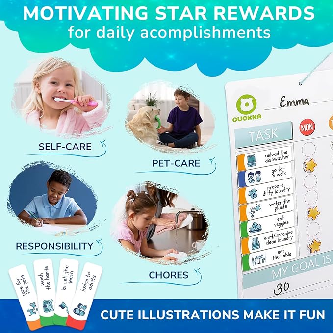 QUOKKA Reward Chart for Kids - Magnetic Behavior Chore Chart for Kids at Home - Dry and Erase Routine and Responsibility - Use 84 Magnets & 102 Stars - from Toddlers to Teens - Extended Version
