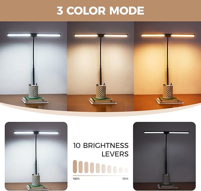 Voncerus LED Desk Lamp for Home Office, Double Head Architect Light with Clamp, Computer Monitor Clip on Light, 3 Modes and 10 Brightness, Adjustable Flexible Goose-Neck, Table Task Lamp, Black