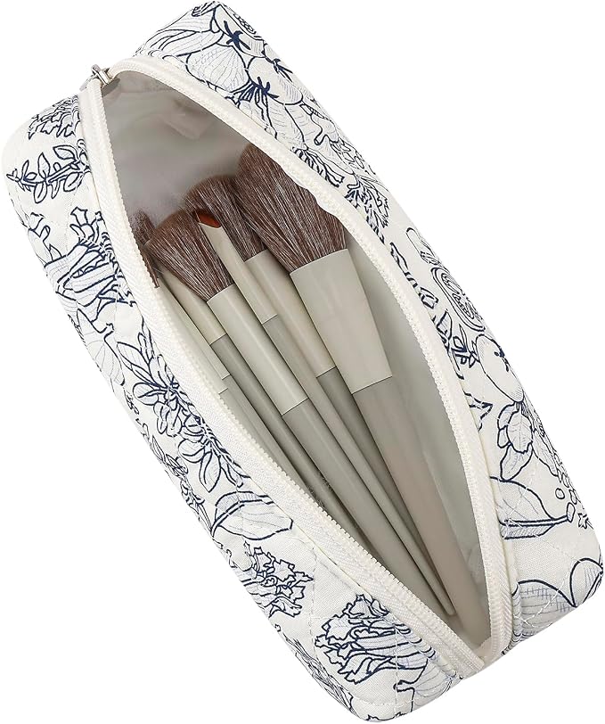 Cute Floral Cotton Makeup Brush Cosmetic Bag for Women, Travel Quilted Zipper Make Up Bag, Flowers Toiletry Organizer Case Kawaii Makeup Cosmetic Travel Cloth Pouch (Blue+Navy Blue)