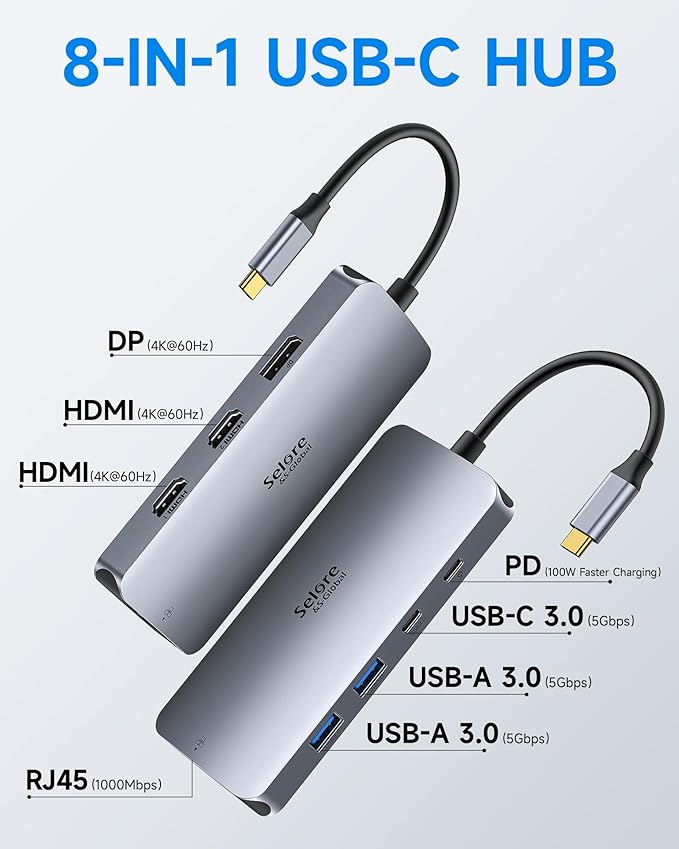 USB C Docking Station Dual Monitor, Selore Docking Station 3 Monitors Triple 4K Display with 2 HDMI, DisplayPort, 1Gbps Ethernet, 100W PD Charging, USB 3.0 Ports Adapter for Dell, HP, Lenovo,etc