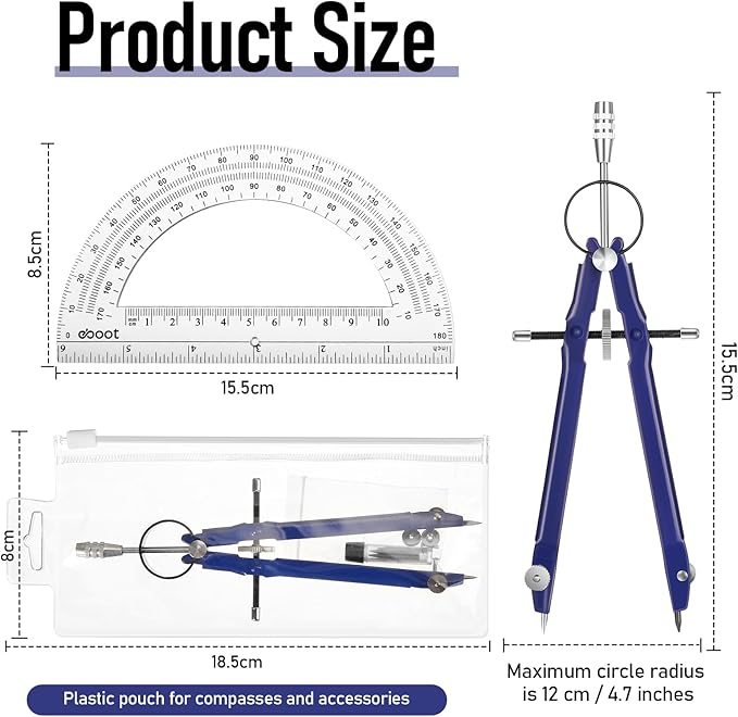 EBOOT Student Geometry Math Set, Metal Drawing Compass and 6 Inch Clear Swing Arm Protractors 180 Degree Math Protractor(Blue)