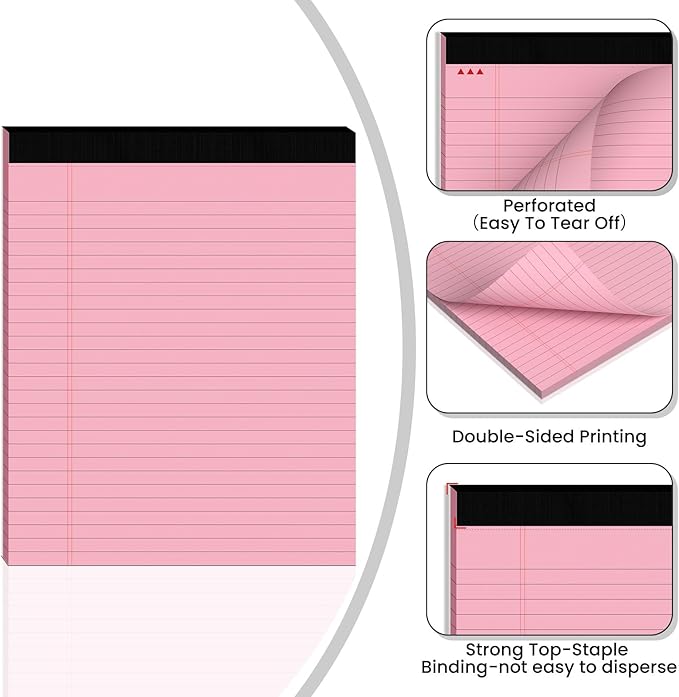 2pcs Legal Pads 8.5 x 11,Notepads 8.5 x 11 Inch, 30 Sheets/Pack, Pink Note Pads Clear Print Writing Pads of Paper, Perforate Wide Ruled Lined with Sturdy Back for Office, Business & School Supplies