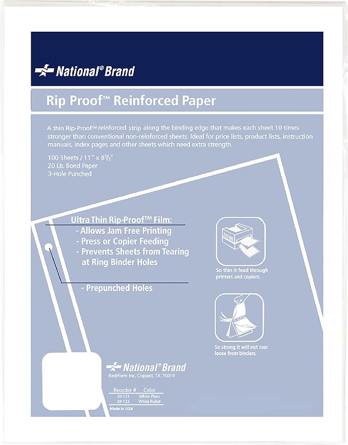 National Rip Proof Reinforced Filler Paper, 3-Hole, 8.5 X 11, Unruled, 100/pack,White
