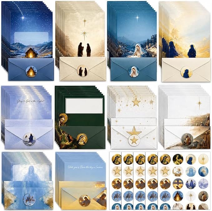 250Pcs Stationery Paper and Envelopes Set with 100 Letterhead Papers and 50 Envelope, 10 Design for Letter Writing Invitations Computer Holidays Party Notes, 8.5x11 Inch-Nativity