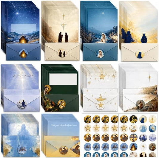 250Pcs Stationery Paper and Envelopes Set with 100 Letterhead Papers and 50 Envelope, 10 Design for Letter Writing Invitations Computer Holidays Party Notes, 8.5x11 Inch-Nativity