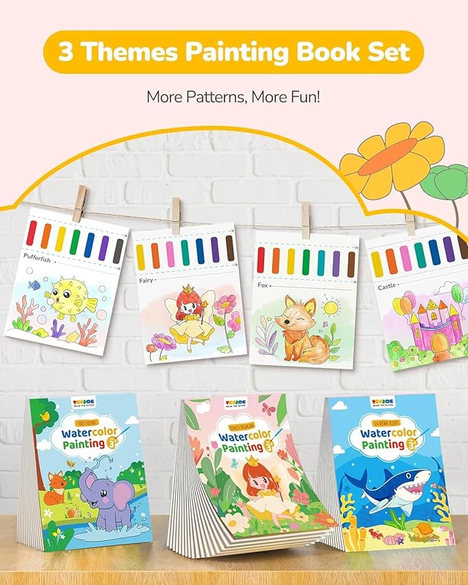 TECJOE 3 Pack Paint with Water Coloring Books for Toddlers, Mess Free Watercolor Painting Set with 6 Brushes, Travel Art Craft Activities Toys Birthday Gifts for Kids Ages 3-8, Forest, Sea & Princess
