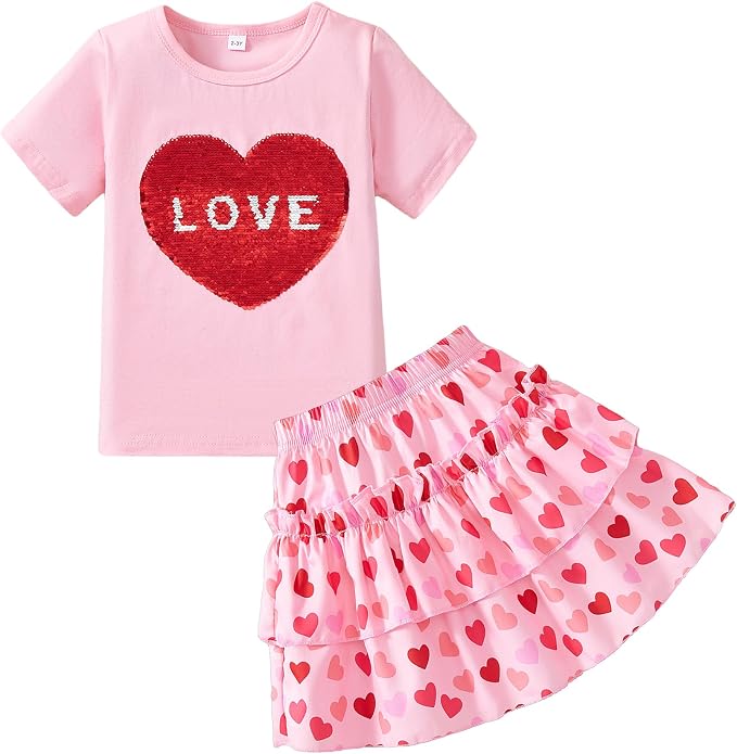 Little Girls Skirt Set - 2 Piece Short Sleeve Top Shirred Tiered Skirt Outfit Girls Spring Summer Clothes 3-8 Years