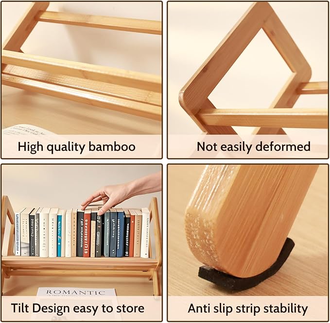 Desktop Bookshelf Organizer, Small Desk Book Shelf, Bamboo Book Rack Tilting Bookcase for Books/Magazine/CDs/Files Dispaly, Tabletop Bookshelf Storage Rack in Living Room/Office/Home