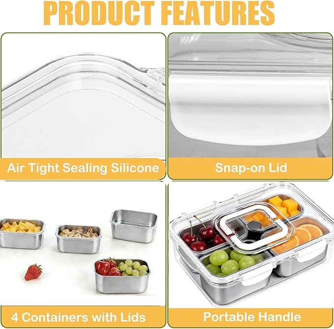 Snackle Box Container, Stainless Steel Snack Tray with Lid and Handle, 4-Compartment Divided Serving Tray for Fruit Veggie Candy, Large Snack Platter for Travel Party Beach Picnic