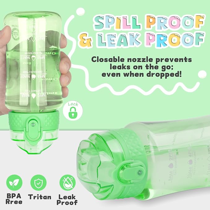 OLDLEY 12oz Kids Water Bottle, Tritan BPA-Free, Leakproof Flip Straw Lid, Motivational Time Marker, Carry Strap, Reusable Clear Water Bottle for Boys & Girls,Pear