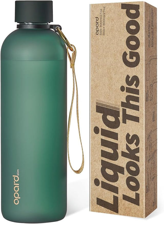 Opard Slim Water Bottle 27oz, Dishwasher Safe Plastic Water Bottle BPA-Free, Leakproof Screw Top, Forest Green, Reusable for Travel School Sport Gym Hiking