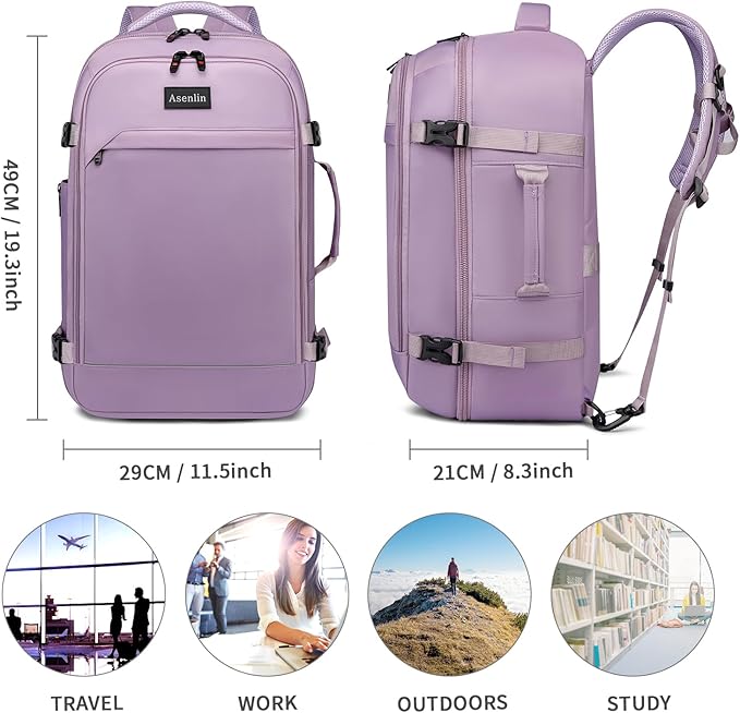 Asenlin Travel Backpack for Women Men,Flight Approved Carry On Luggage 40L Water Resistant Business Laptop Backpacks Fits TSA 17.3 Inch Computer College Weekender Outdoor Hiking-Purple