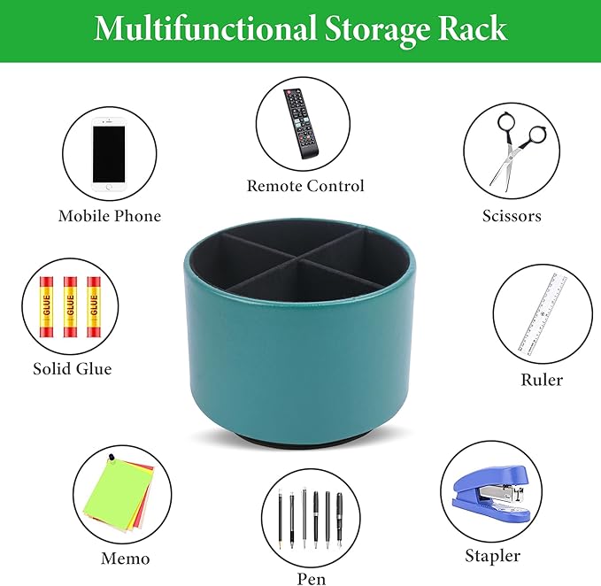 Round Leather Art Supply Organizer,Remote Control Holder,360 Degree Spinning,Multi-Functional Pencil Holder,4 Compartments Desktop Stationary Organizer(1-Sheep Green)