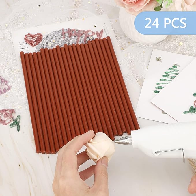 Manarty Brown Hot Glue Sticks, 24PCS Mini Size 0.27" Dia x 8" Long Hot Melt Glue Stick Colored, All Temperature Adhesive EVA Glue Sticks for Repairing Sealing Stamp DIY Art Craft Decoration