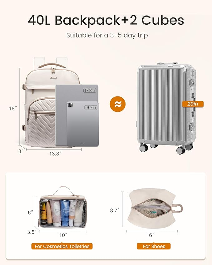 LOVEVOOK 40L Travel Backpack for Women Men, TSA Personal Item Travel Bag Fits 17.3inch Laptop, Waterproof Airline Approved Carry On Luggage With 2 Cubes for Weekender Hiking Business, Beige