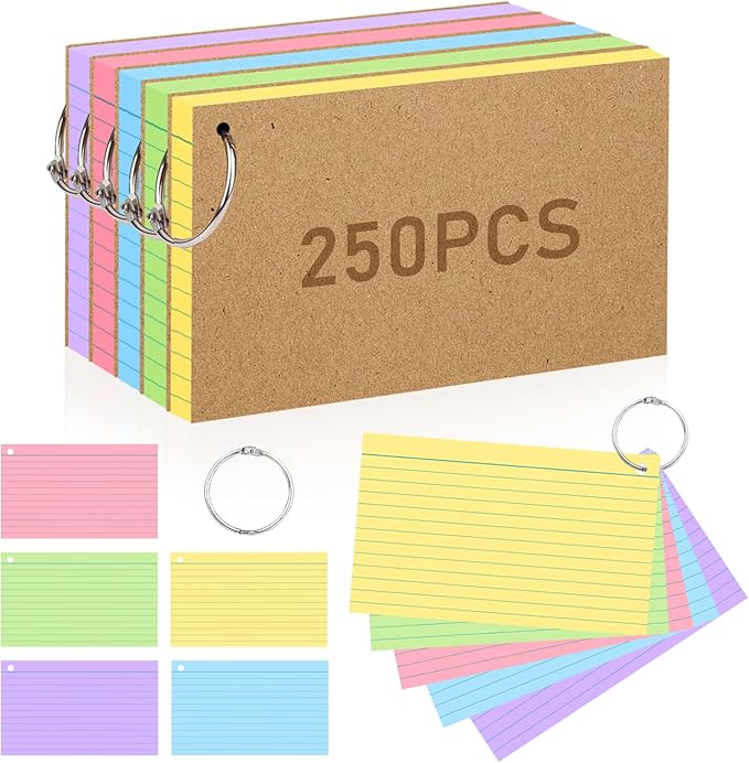 4x6 Inches Index Cards, 250PCS Colored Flash Cards with Ring, Lined on Both Side Notecards Ruled Study Card Flashcards Heavy Note Cards for Studying, Learning, School, College