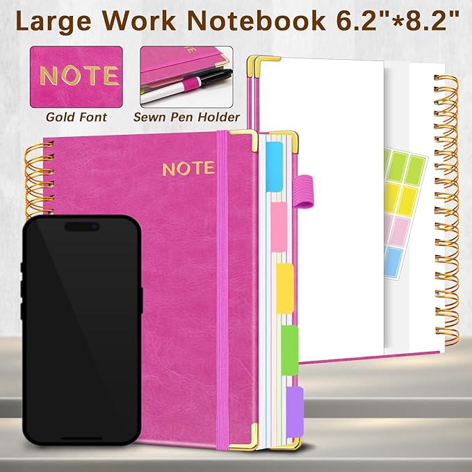 Hardcover Spiral Notebooks for Work 6.2"x 8.2", 300 Pages 5 Subject Notebook with Dividers & Tabs, A5 Spiral Journal for Women, College Ruled Notebook for School Note-Taking (Rose Purple)