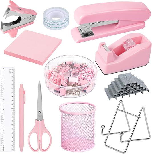 Pink Office Desk Accessories and Organizers, Office Supplies for Desk for Women, Stapler, 1000 Staples, Staple Remover, Phone Holder, Tape Dispenser, Pen Holder, Sticky Note, Clips, Ruler, Etc