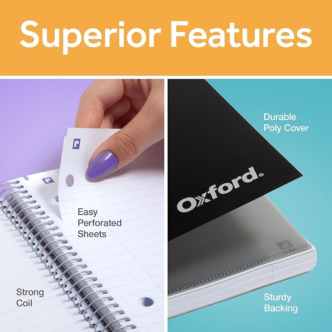 Oxford Spiral Notebook with Free Study App, 1 Subject, College Ruled, Ultra Smooth Paper, No Ink Bleed-Through, Strong Poly Black Cover, Durable 2 Sided Pocket, 100 Easy Perforated 8.5" x 11" Sheets
