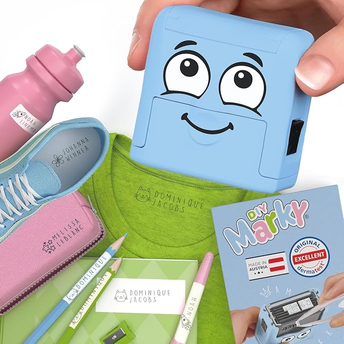 COLOP Marky Personalized Kids Name Stamp, Suitable for All Surfaces, Blue | Permanent Waterproof Clothing & Fabric Labeling, Clothing Stamp For Kids, Schools, & Daycare, Includes Labels and Thermo Tape