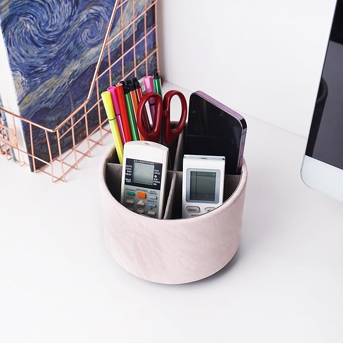 Round Leather Art Supply Organizer,Remote Control Holder,360 Degree Spinning,Multi-Functional Pencil Holder,4 Compartments Desktop Stationary Organizer(1-Hill Pink)