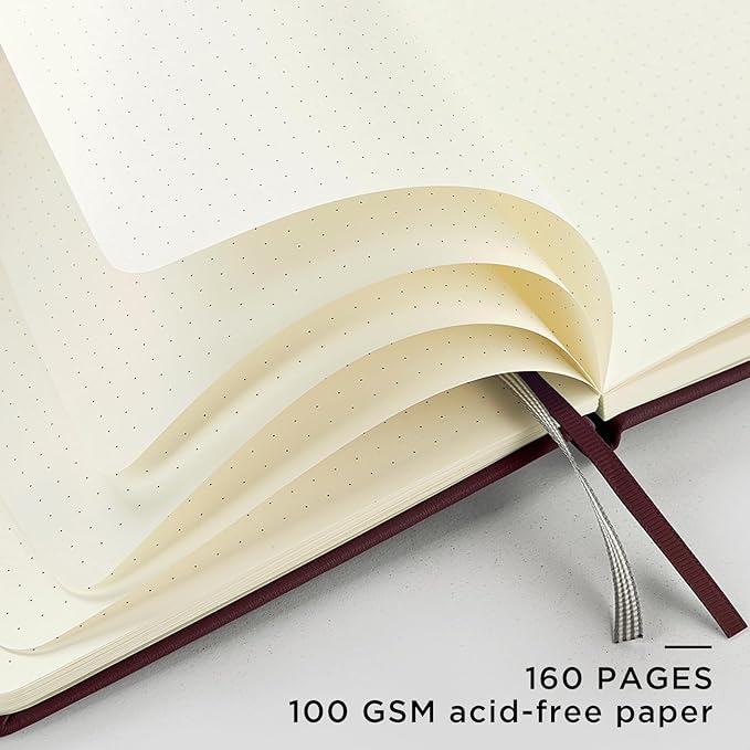 &And Per Se Dotted Journal Notebook, A5 Hardcover Leather Dotted Journal, 160 Pages 100gsm Thick Dot Grid Paper, 3 Sheets of Stickers Included - 5.7'' x 8'' (Dark Red)