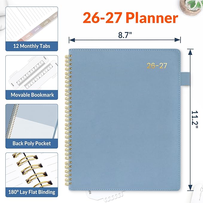 SUNEE 2026-2027 Weekly & Monthly Planner 9"x11.2" - 12 Month (July 2026 - June 2027), Vegan Leather Cover Planner Academic Year Calendar, Pocket, Notes, Monthly Tab, Blue