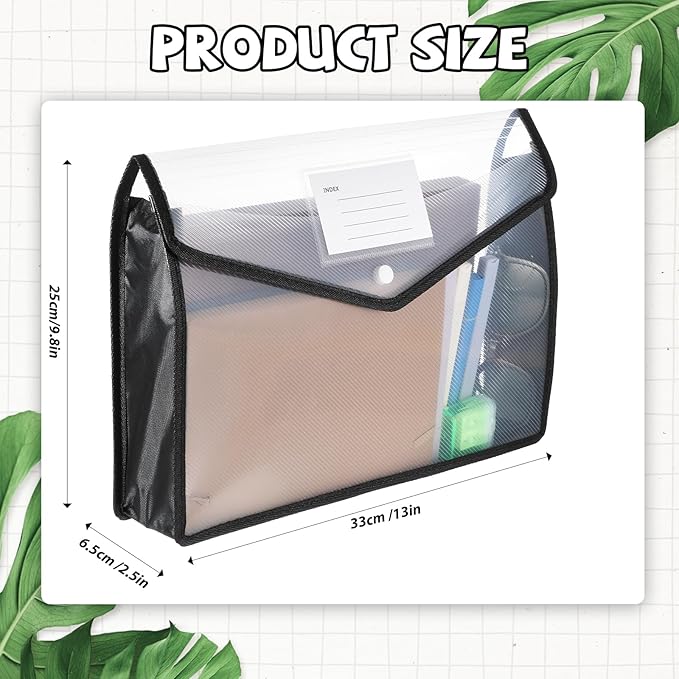 10 Pack Plastic File Folders, Transparent Expanding File Folder with Snap Closure A4 Size Waterproof Document Folder Large Files Folders Organizer for Receipt Office Supplies(Black, Horizontal)