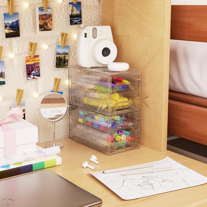Clear Acrylic Desktop Organizer Drawers - Stackable Plastic Storage for Makeup, Craft Supplies, and Office Stationery - Transparent Vanity Cabinet & Aesthetic Desk Declutter Unit