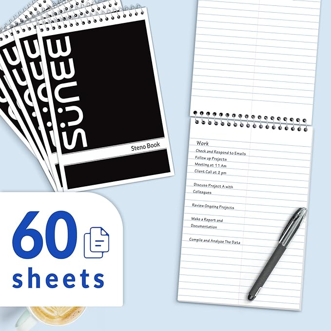 SUNEE 10 Pack Steno Pads 6x9, Gregg Rule, 60 Sheets, Spiral Notebook 6x9, White Paper, Take Notes with Top Spiral Notebook, for School, University, College, Work, Office, Black