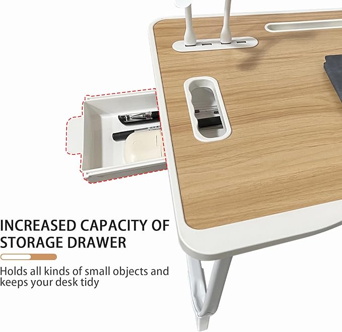 Foldable Laptop Bed Desk with USB Port, Storage Drawer & Cup Holder - Large 23 Inch Portable Lap Tray for Working, Reading, and Writing in Bed