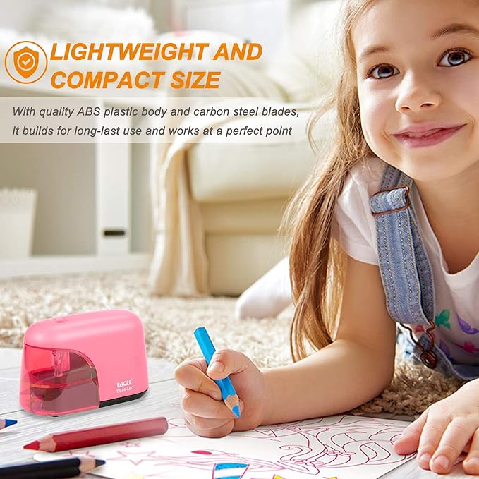 Eagle Electric Pencil Sharpener, Battery Powered Sharpener, LED Light Shinning During Sharpening, Portable, with Reusable and Replaceable Blade, Suitable for Kids, Ideal School Office Supplies (Pink)