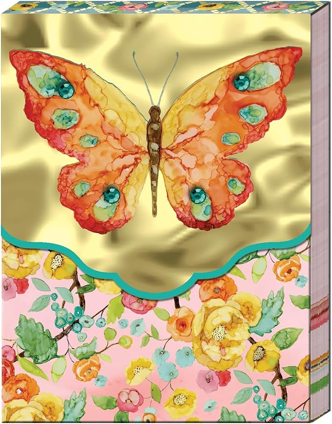 Punch Studio Flip-Top Pocket Notepad 3" x 4", For Daily Notes or Notes on-the-go, 75 Illustrated Sheets with Gold Foil Accents, Gems & a Magnetic Closure - Orange Butterfly (45907)