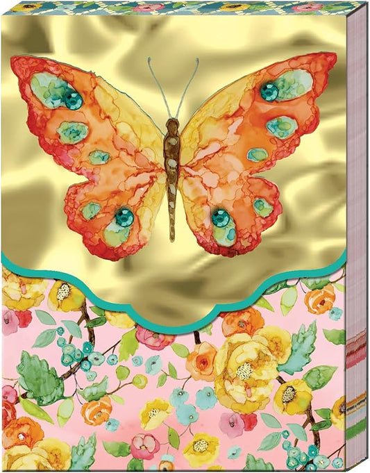 Punch Studio Flip-Top Pocket Notepad 3" x 4", For Daily Notes or Notes on-the-go, 75 Illustrated Sheets with Gold Foil Accents, Gems & a Magnetic Closure - Orange Butterfly (45907)