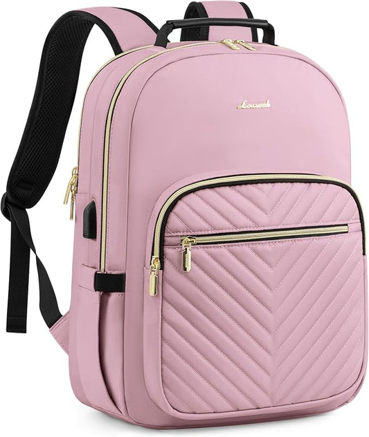 LOVEVOOK Laptop Backpack Purse for Women, Work Travel Computer Bags, College School Backpack for Student Girl, Quilted Casual Daypack with USB Port, Fit 15.6 Inch Laptop, Light Pink