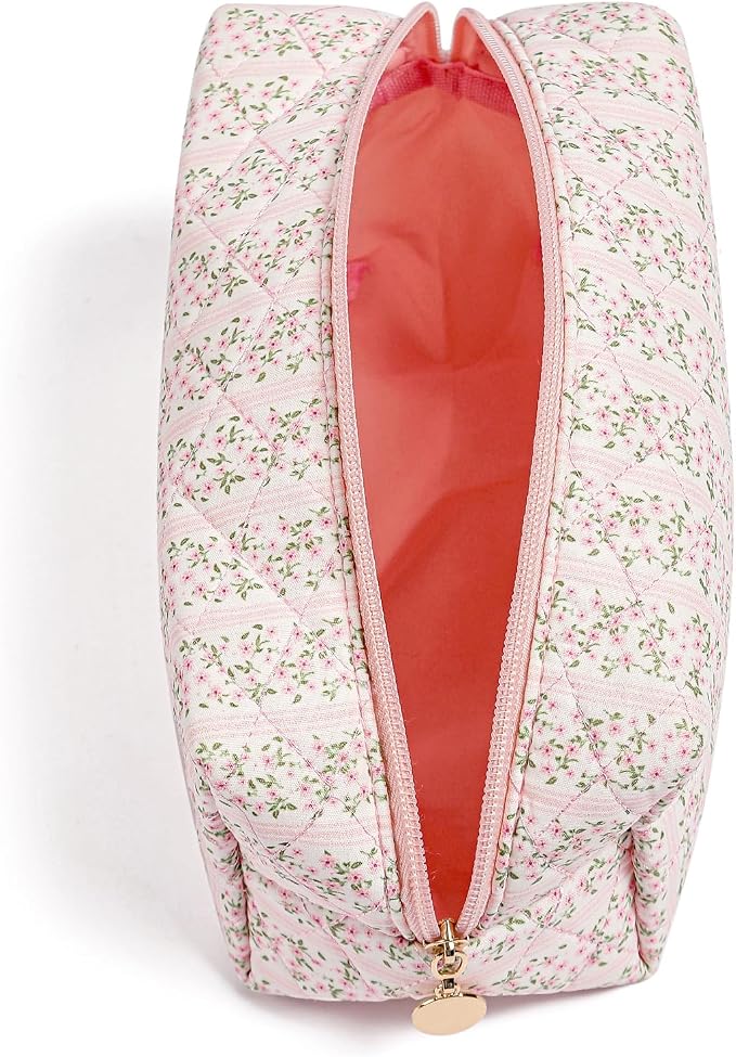 JOVAKIT Square Makeup Bag Cute Cosmetic Bag for Women, Floral Coquette Aesthetic Toiletry Bag, Zipper Make Up Pouch, Travel Make Up Organizer Bag (Pink Floral)