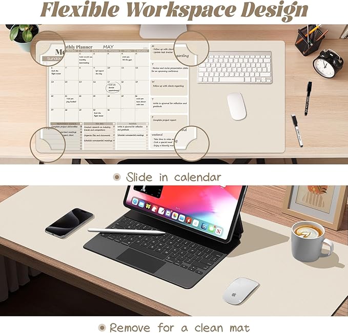 JJPRO Dual-Layer Dry Erase Desk Mat,Large Multi-Use Dry Erase Desk Calendar,Erasable Desk Pad,Double-Sided Faux Leather Desk Pad,Reusable Large Mouse Pad for Office, Home - Eggshell -16"x34"