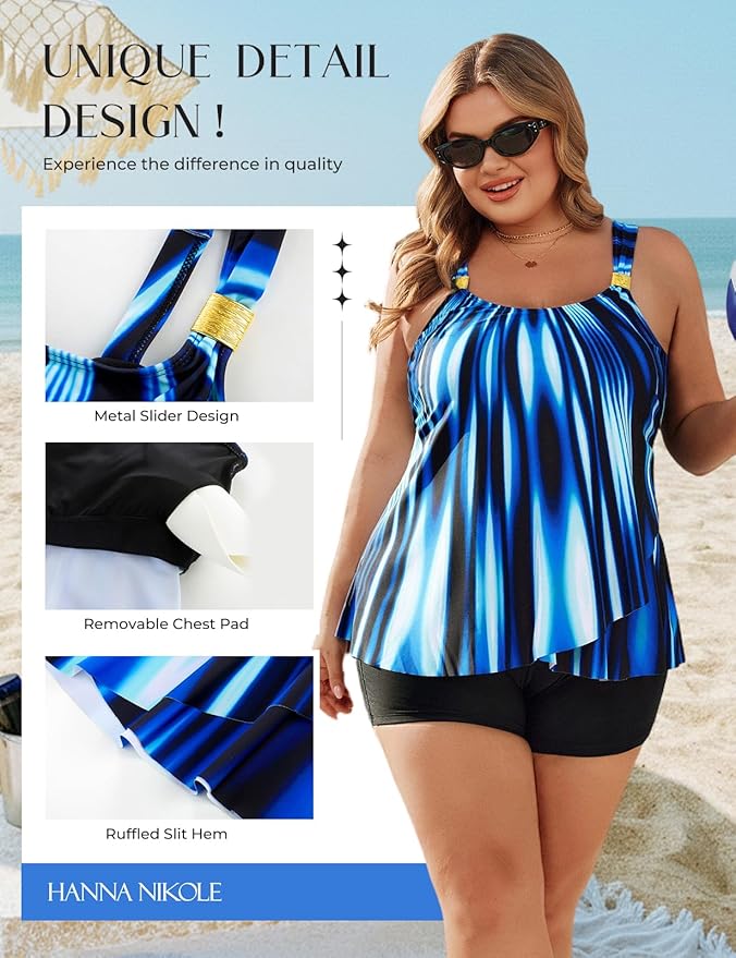 Hanna Nikole Womens Tankini Swimsuits 2 Piece Bathing Suit Flowy Ruffle Tankini Tops with Swim Shorts