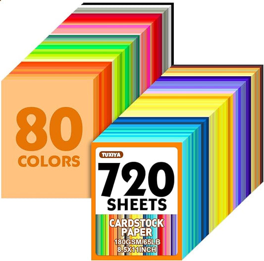 720 Sheets 8.5" X 11" Colored Cardstock, 80 Assorted Colors 180 GSM/65 LB Construction Paper Card Stock Printer Paper for Printing, Card Making, DIY Crafts, Kids School Supplies,Party Decorations