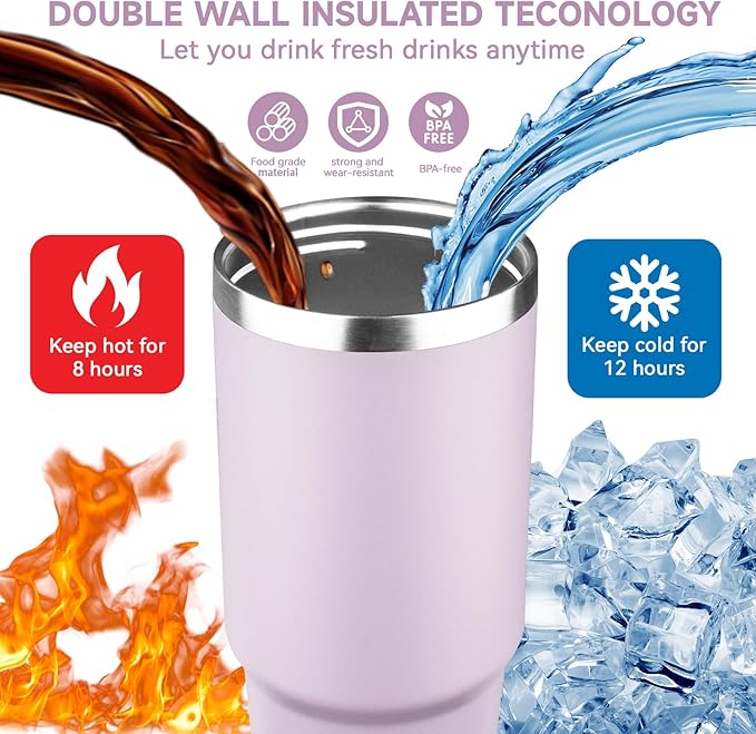 30oz Tumbler with Handle and Flip Straw Lid Double Wall Insulated Travel Coffee Mug Stainless Steel Vacuum Insulated Coffee Tumbler Cup for Hot and Cold Beverages,Leak-proof&BPA-free (30oz,Purple)