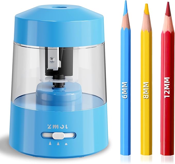 ZMOL Electric Pencil Sharpener Battery Operated Power Kids for Colored & Jumbo Pencils No.2/(6-12mm) - Safe & Easy Use Plug in Portable with (AC Adapter,USB, Battery) for Classroom/Office/Home Blue
